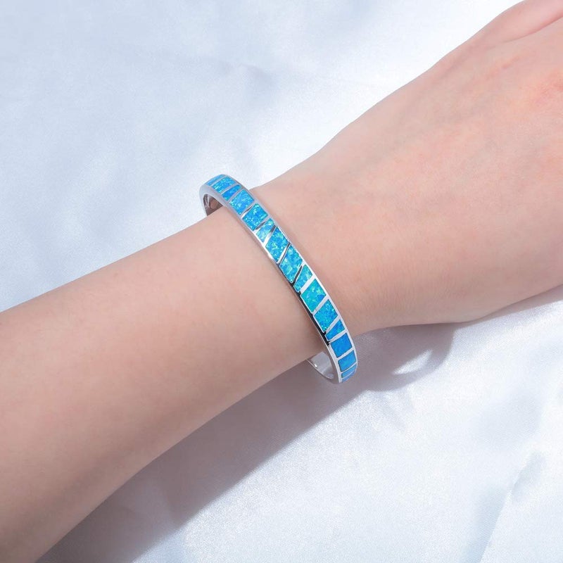 CiNily Womens Large Cuff Bracelet-Blue Opal Bangle Bracelets White Gold Plated Hypoallergenic Ladies Gemstone Big Birthstone Bracelet - Image 4